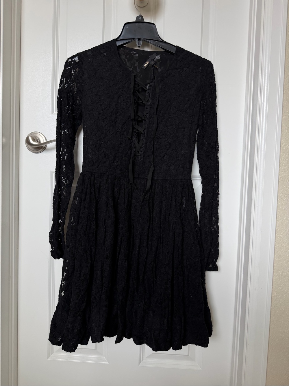 Maje Black Lace Lace-Up Long Sleeve Dress Size 1